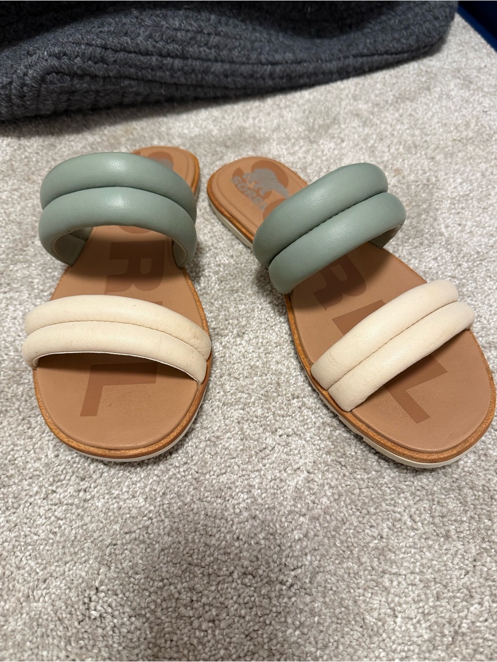 SOREL Ella Puff Slide Sandals Women’s 10 / EU 41 Sage Green Cream Leather